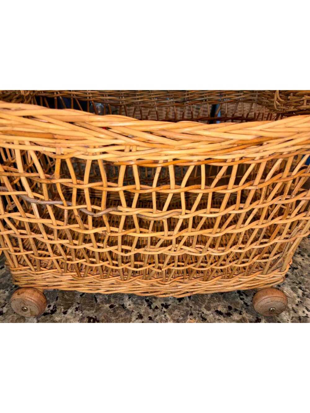 Large Vintage Hand Woven Rattan Wicker Basket on Wheels European Style